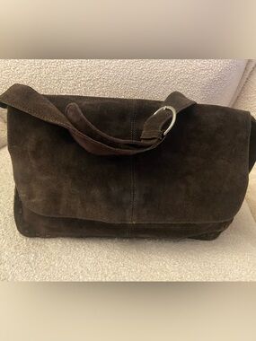 Vintage Old Navy Dark Brown Suede Crossbody Bag with Silver Ring Detail